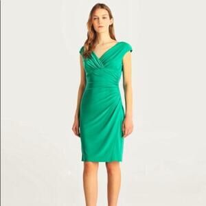 Lauren Ralph Lauren Ruched Sheath Cap Sleeve Kelly Green Jersey Wrap  Midi Dress